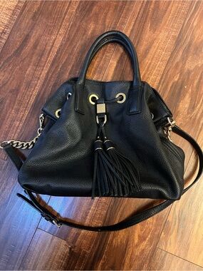 Michael Kors Black Leather Tassel Drawstring Satchel